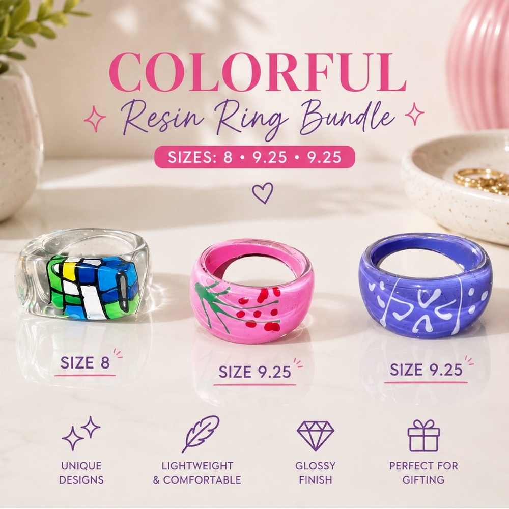 Colorful Chunky Resin Ring Bundle – Sizes 9, 9.25,9.25 NEW